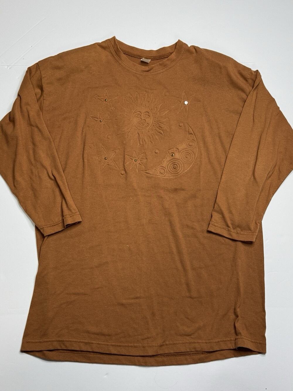 Vintage 90s Celestial Sun Moon Stars T Shirt OSFA Brown Rhinestone Whimsigoth